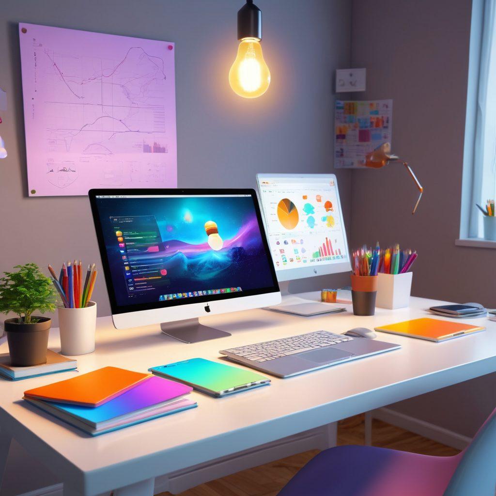 A bright, modern workspace filled with innovative gadgets and futuristic technology, featuring a glowing light bulb symbolizing ideas and creativity. Include elements like a sleek laptop, colorful charts, and a cheerful person engaged in brainstorming. The atmosphere should feel vibrant and inspiring, evoking a sense of excitement about new possibilities. super-realistic. vibrant colors. 3D.