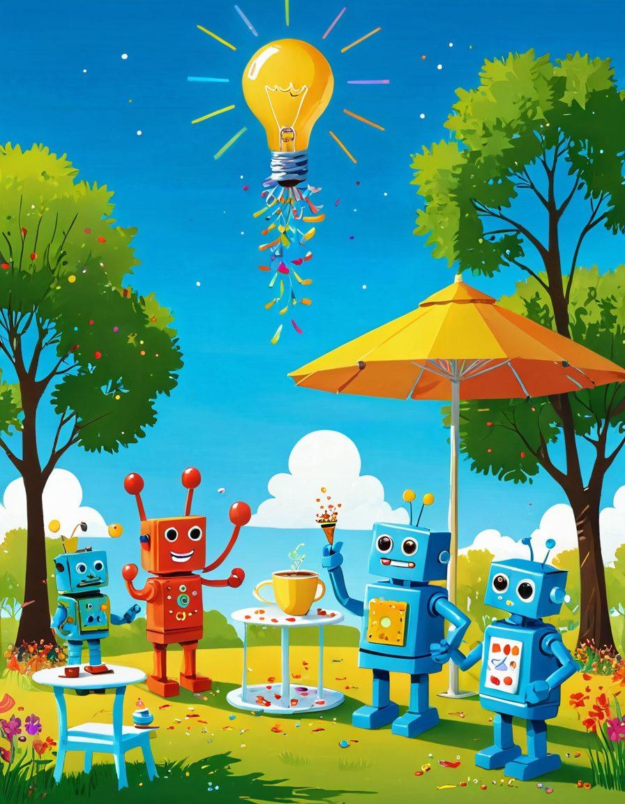 A whimsical illustration showcasing ten delightful inventions, each radiating colorful joy. Include a playful robot making coffee, a cheerful gadget that sprinkles confetti, a quirky musical instrument, and a sunny light bulb that smiles. Set this vibrant scene in a bright park under a clear blue sky. Bring everything to life with cartoonish charm. vibrant colors. cartoon style.