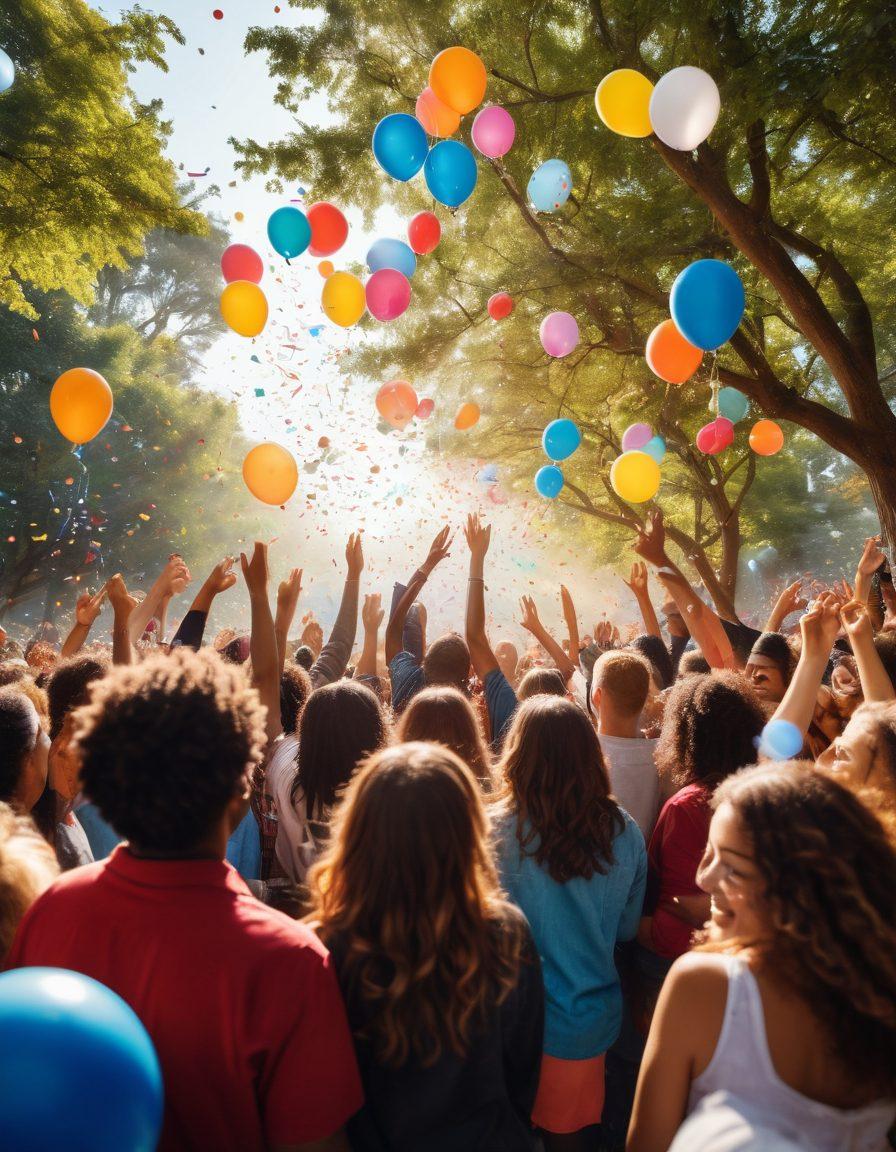 A vibrant scene of diverse people coming together in celebration, surrounded by colorful balloons and confetti. The backdrop features symbols of scientific and artistic breakthroughs like lightbulbs, musical notes, and nature elements, embodying joy and inspiration. Sunlight filters through trees, casting a warm glow, creating an atmosphere of happiness and unity. In the foreground, a diverse group shares smiles and laughter, representing the essence of breakthrough and happiness. super-realistic. vibrant colors. clear background.